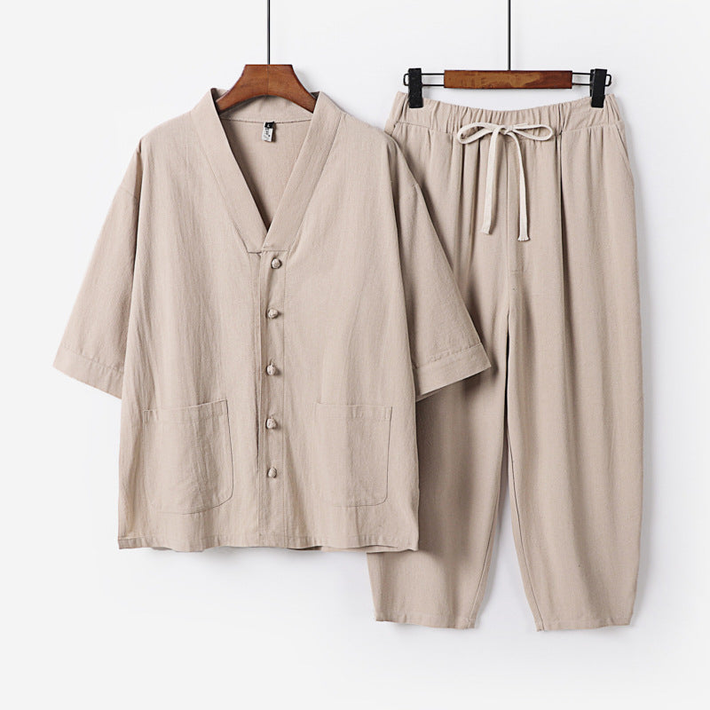 Unisex Leichtes Kimono-Lounge-Set aus Baumwoll-Leinen mit Kurzarmjacke und Kordelbund-Hose Nord Taschen