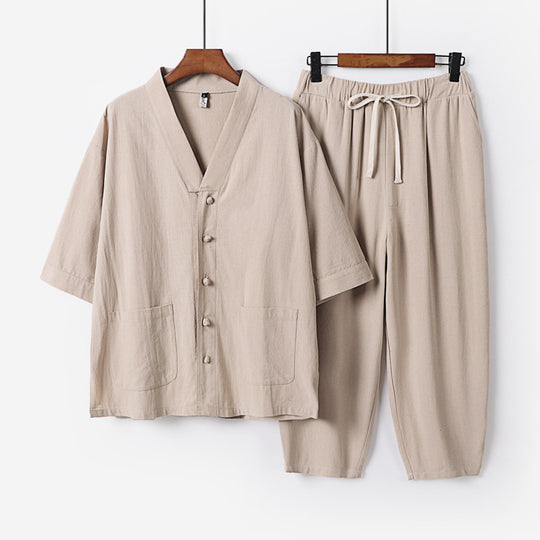 Unisex Leichtes Kimono-Lounge-Set aus Baumwoll-Leinen mit Kurzarmjacke und Kordelbund-Hose Nord Taschen