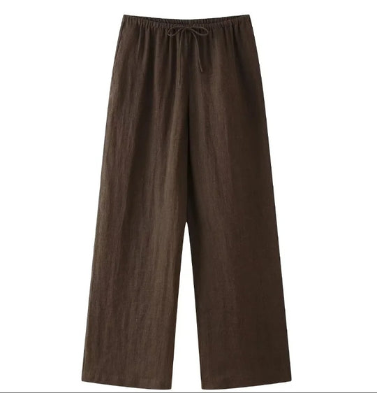 Damen 500+ weite Leinenoptik-Hose mit elastischem Tunnelzug, Kordel und Palazzo-Schnitt Nord Taschen