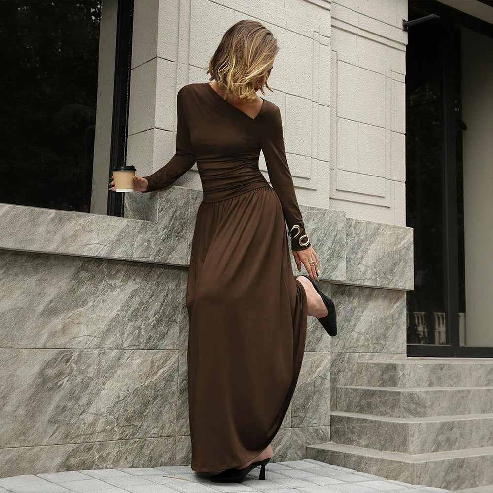 Damen asymmetrisches Maxikleid mit langem Ärmel und geraffter Taillenpartie Nord Taschen