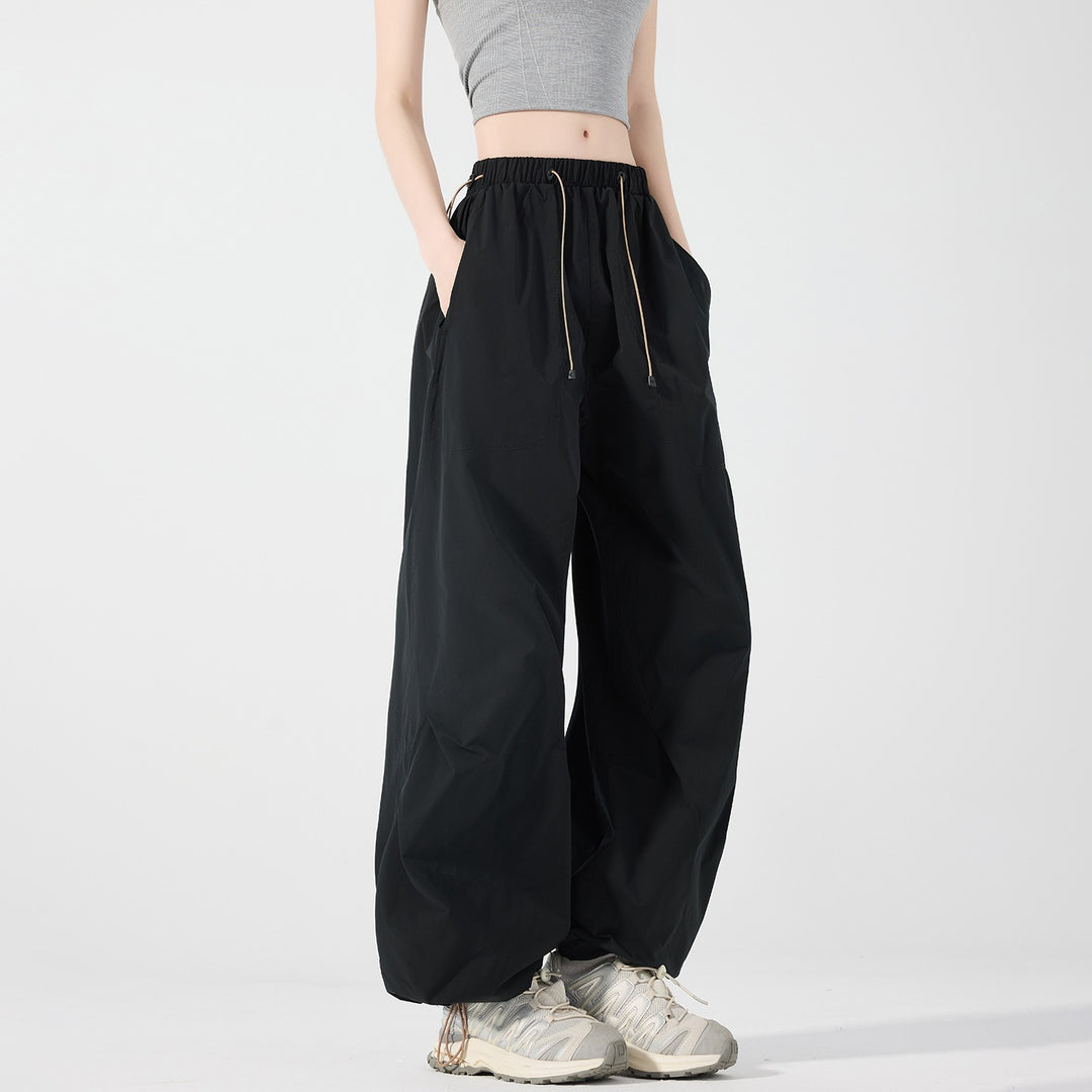 Damen Weite Nylon-Baggyhose mit elastischem Tunnelzugbund & Utility‑Taschen Nord Taschen