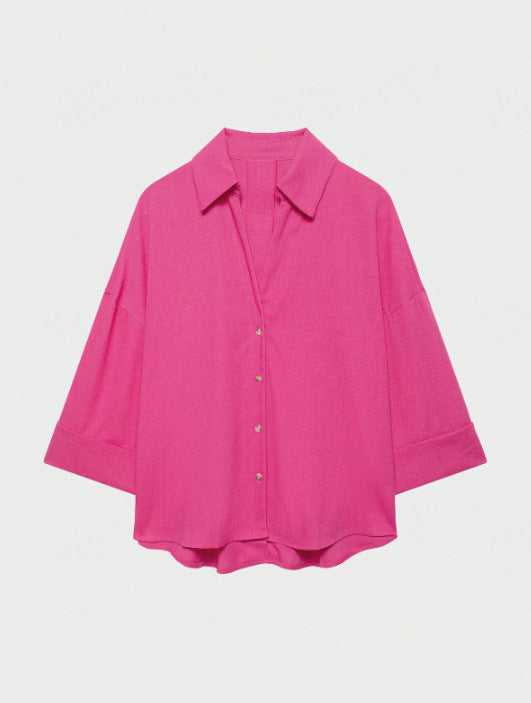 Damen Leichte Oversize Leinenoptik Bluse mit Dreiviertelärmeln und durchgehender Knopfleiste Nord Taschen