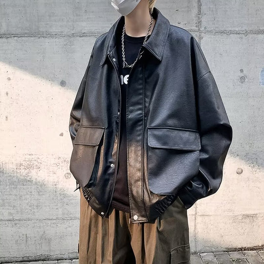 Herren Boxy Overshirt aus Lederoptik mit Hemdkragen und aufgesetzten Brusttaschen Nord Taschen