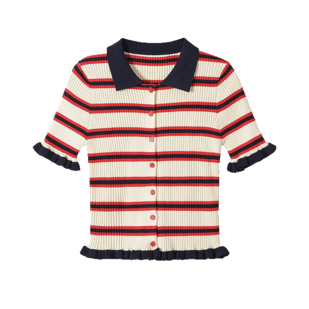 Damen Gerippte Kurzarm-Polokragen-Strickjacke mit Volantbündchen Nord Taschen