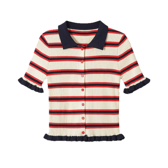 Damen Gerippte Kurzarm-Polokragen-Strickjacke mit Volantbündchen Nord Taschen
