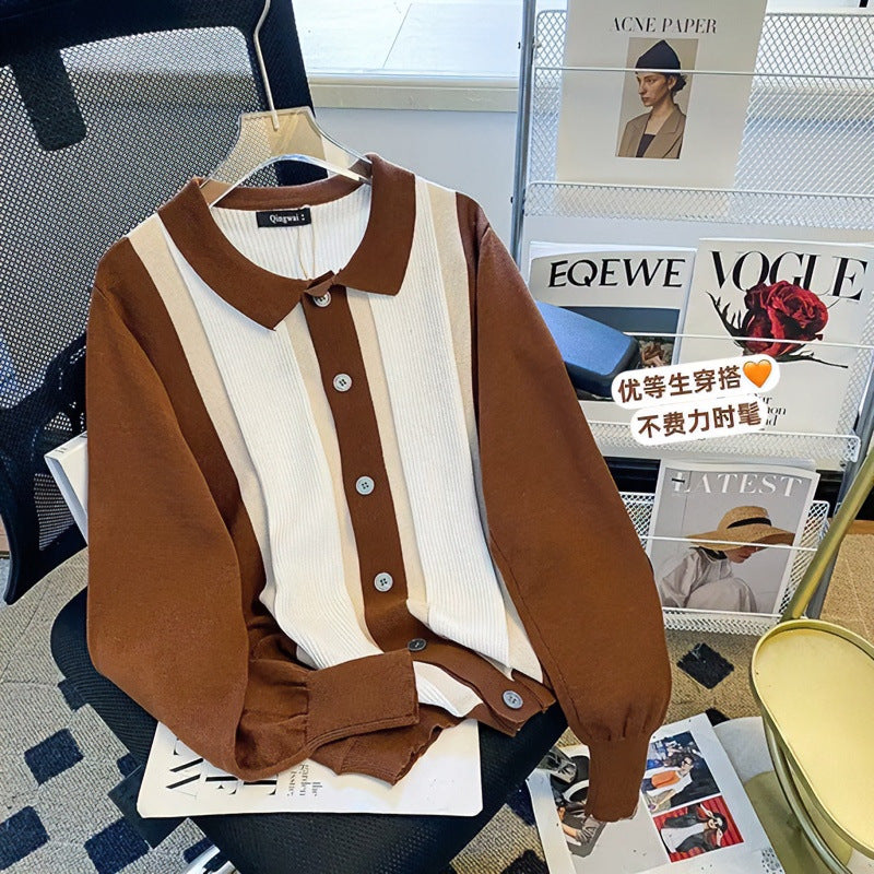 Damen Feinstrick-Cardigan mit Polokragen, kontrastierenden Rippeinsätzen und durchgehender Knopfleiste Nord Taschen