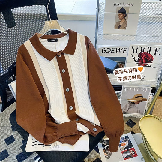 Damen Feinstrick-Cardigan mit Polokragen, kontrastierenden Rippeinsätzen und durchgehender Knopfleiste Nord Taschen