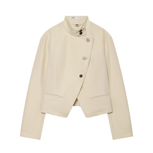 Damen Asymmetrische Kurzjacke mit Stehkragen und taillierten Nähten Nord Taschen