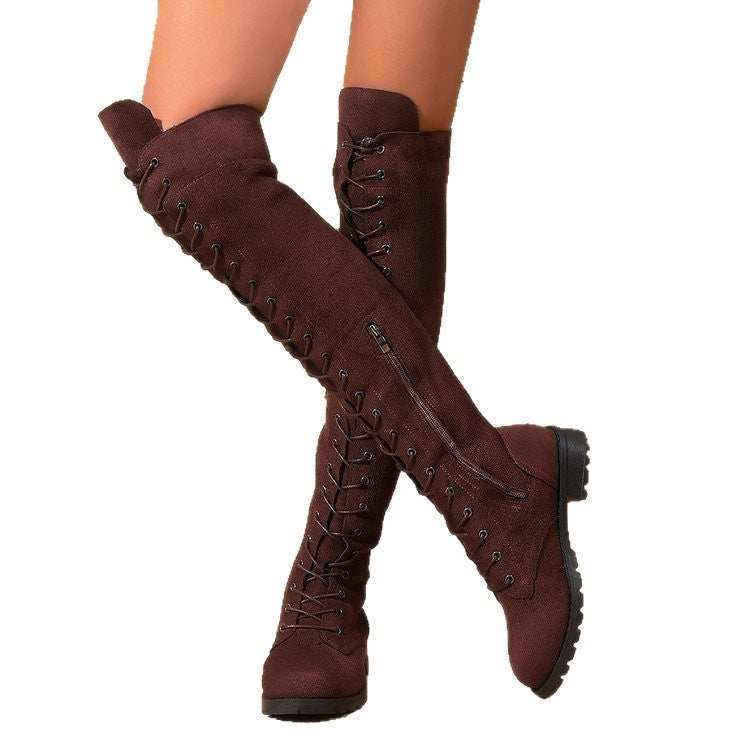 Damen  Overknee-Schnürstiefel mit seitlichem Reißverschluss, dekorativer Schnürung und profiliertem Gummisohle Nord Taschen