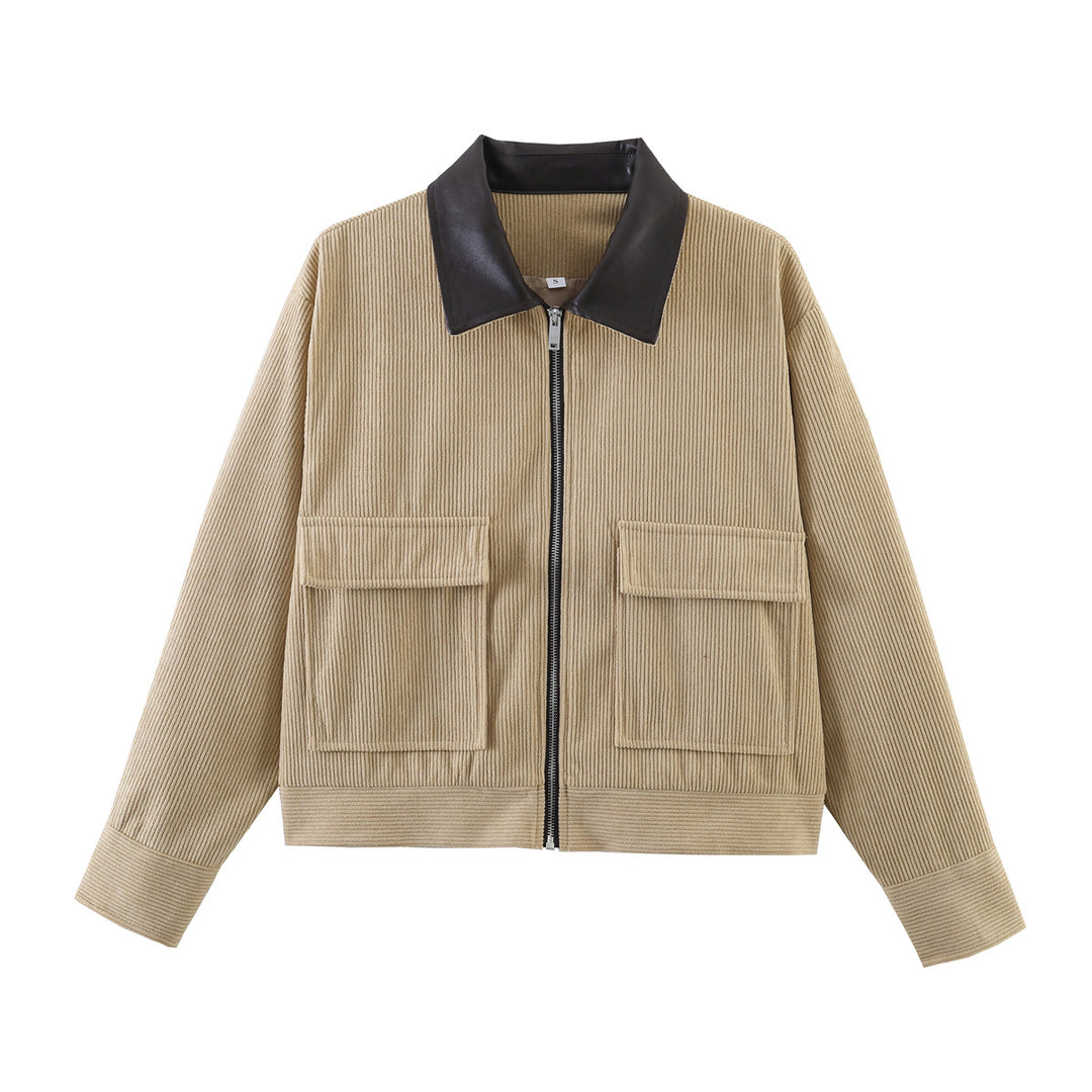 Damen Cordjacke mit Reißverschluss, Kunstlederkragen und aufgesetzten Taschen Nord Taschen