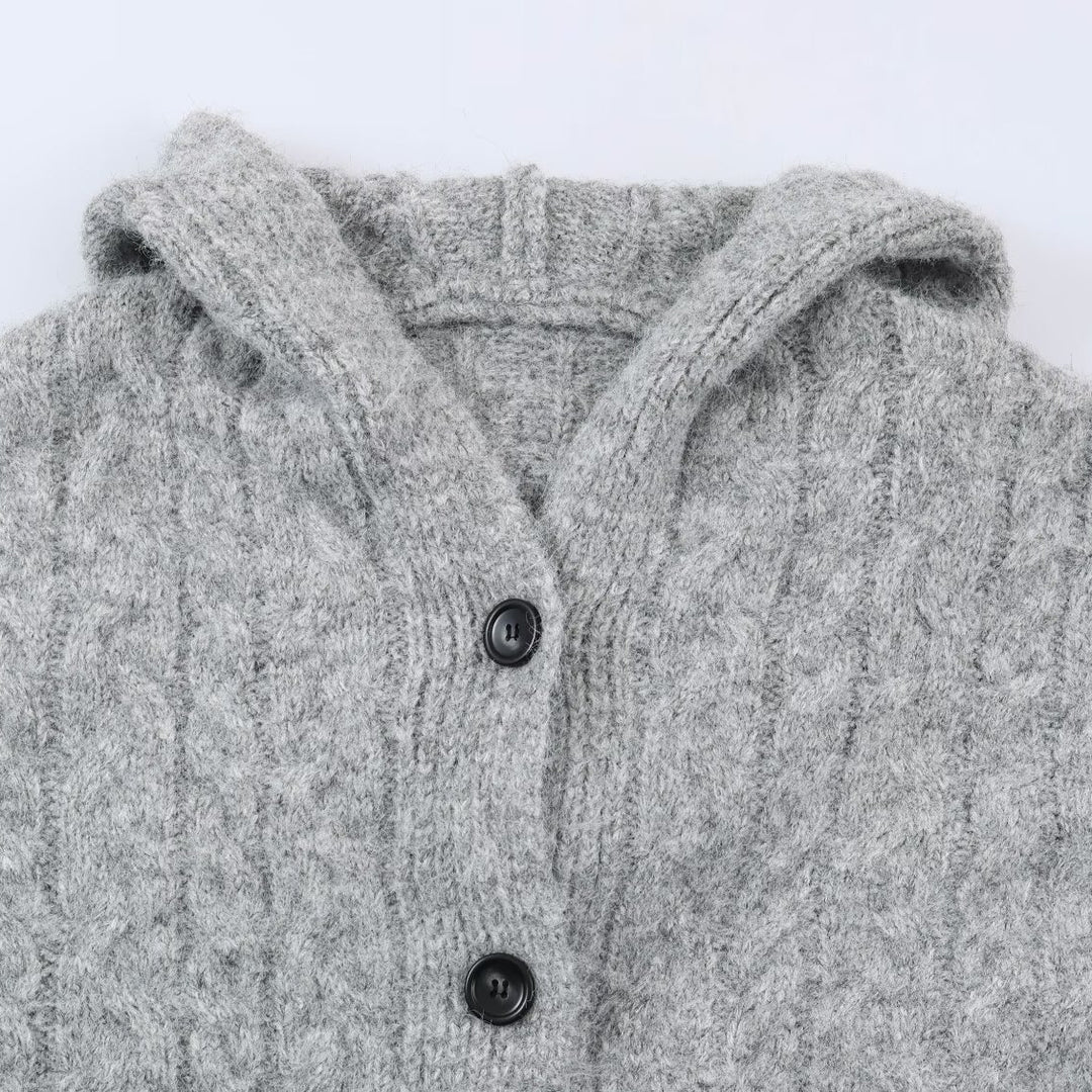 Damen Langgestrickter Kapuzen-Cardigan mit Zopfmuster und Knopfleiste Nord Taschen