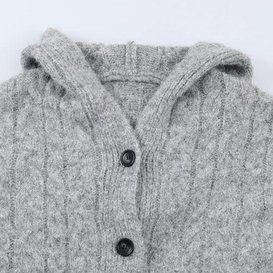 Damen Langgestrickter Kapuzen-Cardigan mit Zopfmuster und Knopfleiste Nord Taschen