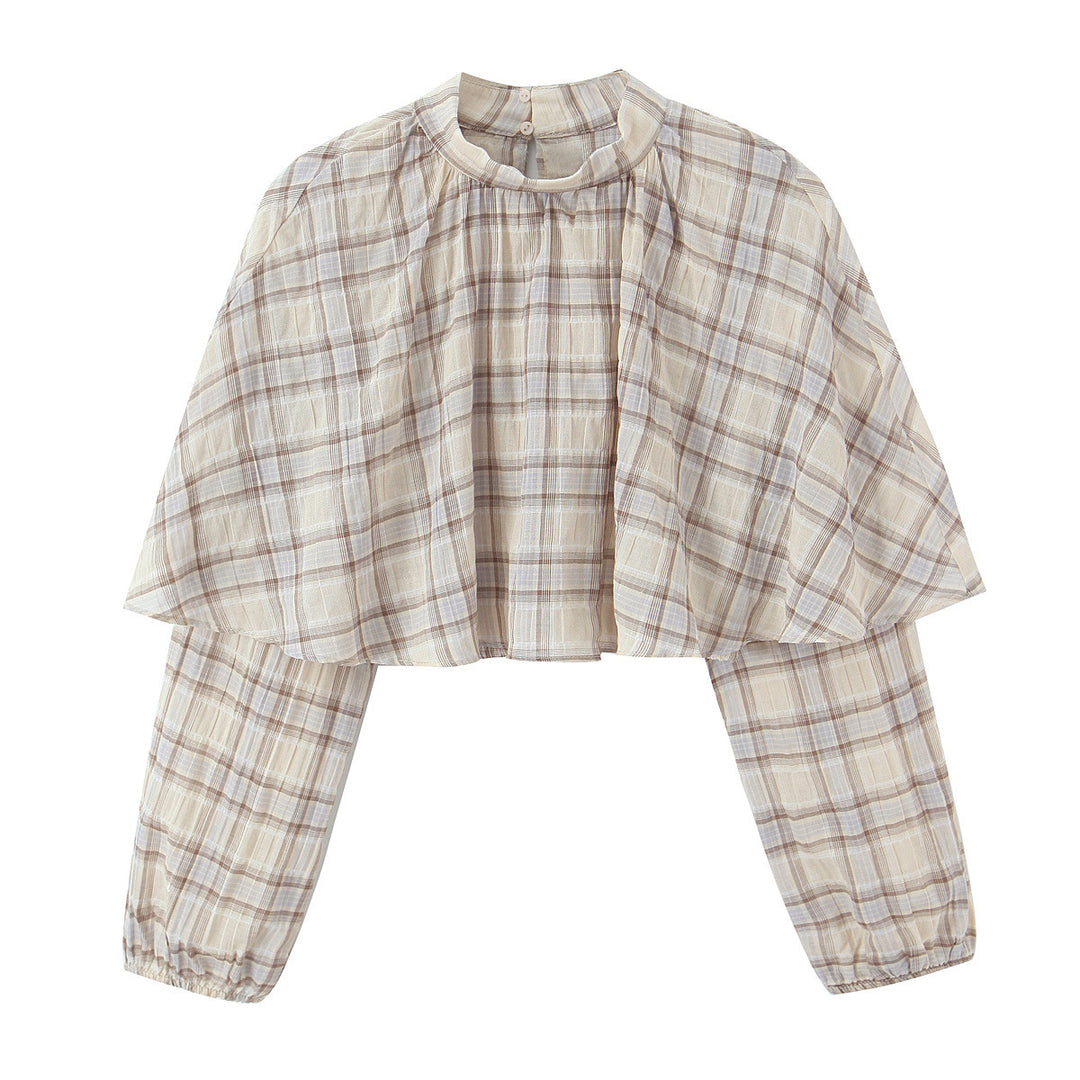 Damen Cropped Blusenoberteil mit Cape-Überwurf und Stehkragen Nord Taschen