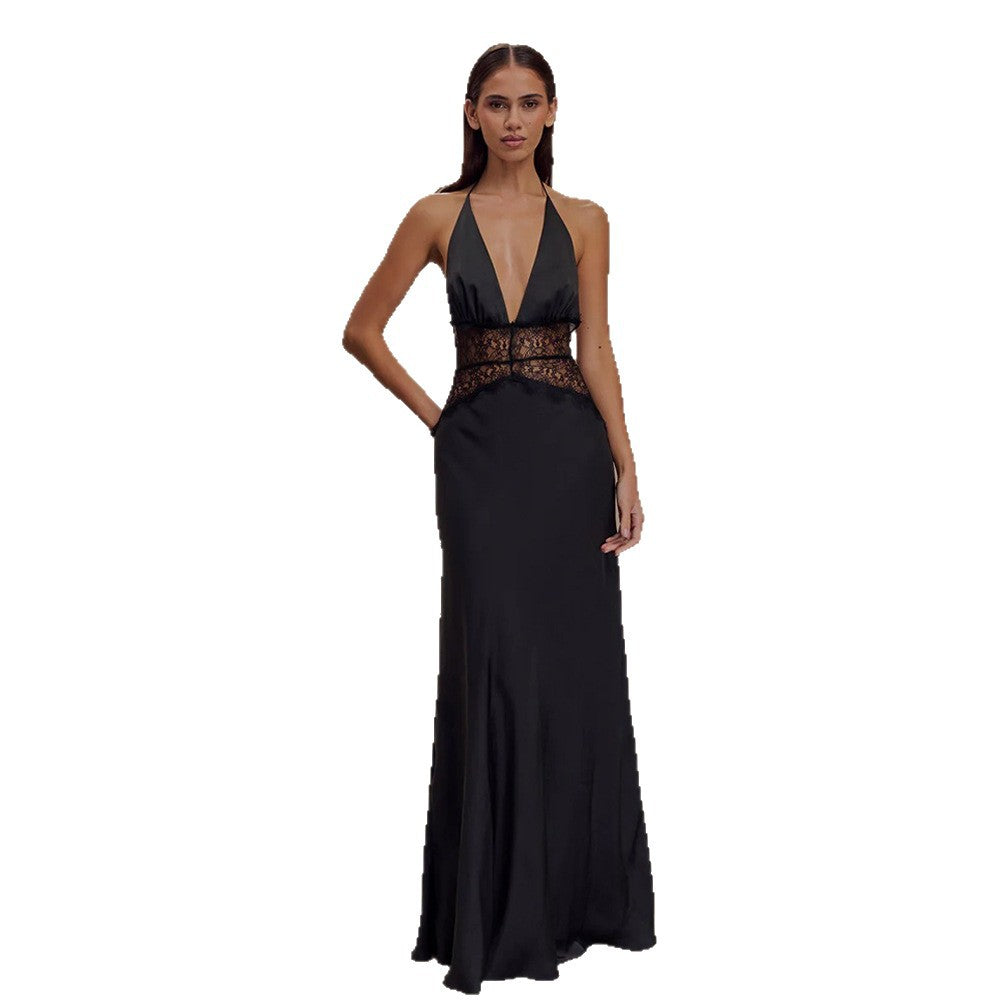 Damen Elegantes Maxikleid mit tiefem V-Ausschnitt und zarter Spitzenverzierung