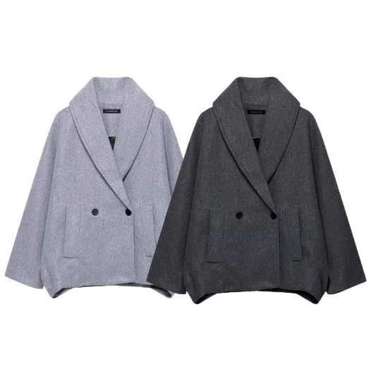 Damen Boxy-Wollmix-Cape-Mantel mit weitem Schalkragen und doppelter Knopfleiste Nord Taschen