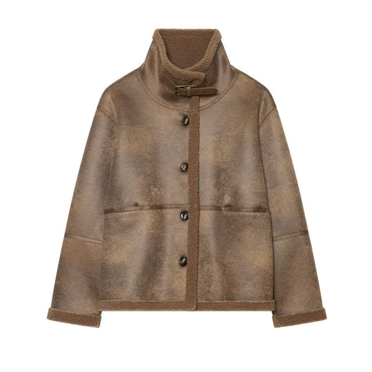 Damen Kurzjacke in Lammfelloptik mit Stehkragen, Knopf- und Schnallenverschluss Nord Taschen