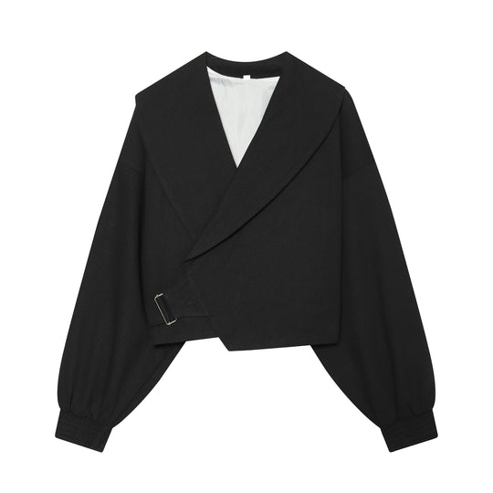 Damen Kurzjacke mit weitem Matrosenkragen, Ballonärmeln und asymmetrischer Schnallenverschluss Nord Taschen