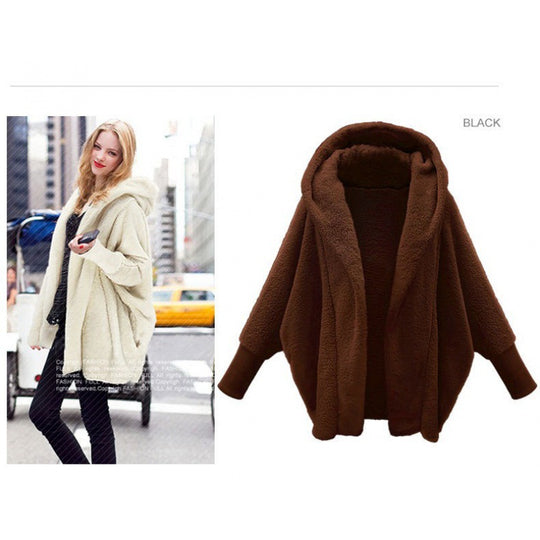 Damen Kuscheliger Oversize-Kapuzencardigan aus Teddyfleece mit Fledermausärmeln Nord Taschen