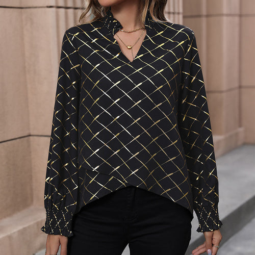 Damen Elegante Bluse mit geometrischem Muster und Rüschen Nord Taschen
