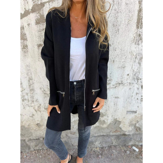 Damen Mittellanger Mantel mit durchgehendem Reißverschluss und Zipper-Taschendetails Nord Taschen