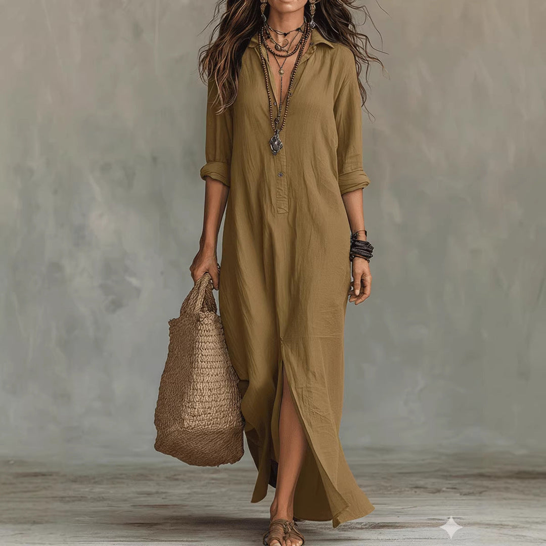 Damen Langes Hemdkleid mit Knopfverschluss und seitlichem Schlitz