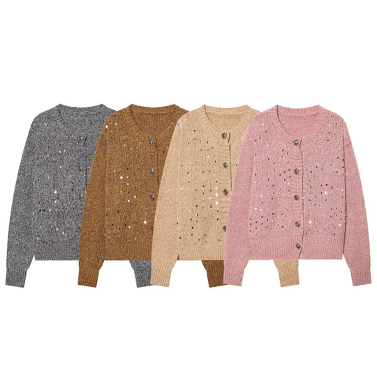Damen Strickcardigan mit Pailletten und Zierknöpfen Nord Taschen