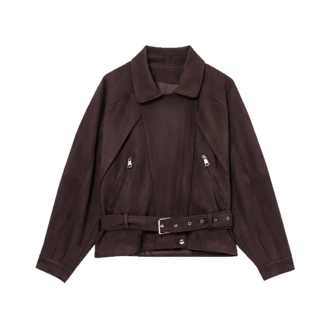 Damen Kurze Wildlederoptik-Trenchjacke mit Taillengürtel und Reißverschluss-Details Nord Taschen