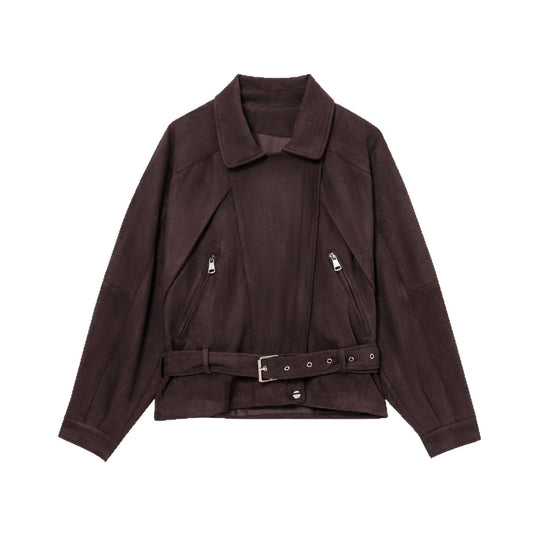 Damen Kurze Wildlederoptik-Trenchjacke mit Taillengürtel und Reißverschluss-Details Nord Taschen