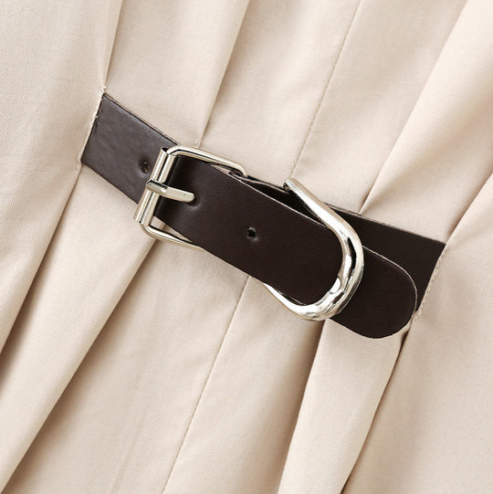 Damen Hemd-Maxikleid mit tiefem V-Ausschnitt, Taillenfalten und schmalem Gürtel Nord Taschen