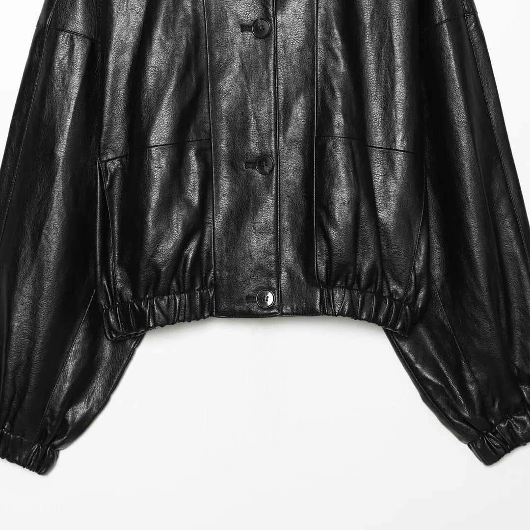 Damen Kurze Kunstleder‑Bomberjacke mit hohem Funnelkragen und elastischem Saum Nord Taschen