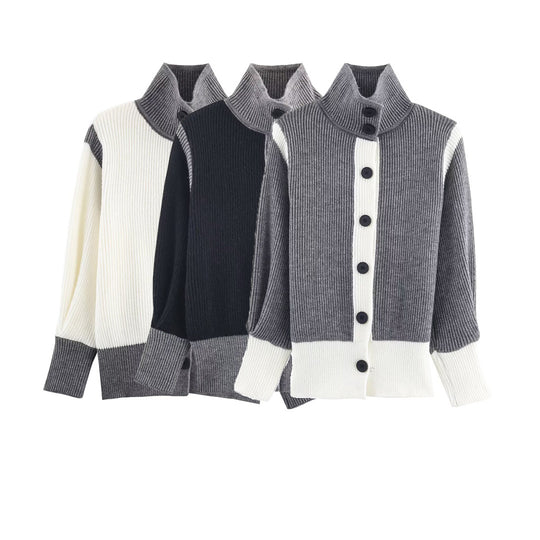 Damen Oversize Rippstrick-Cardigan mit hohem Kragen, Kontrastblende und Knopfleiste Nord Taschen