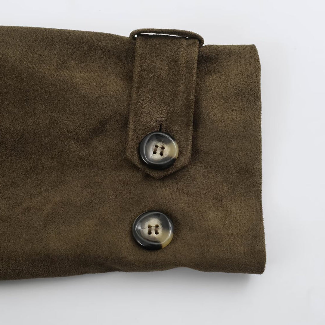 Damen Kurzgeschnittener Doppelreihiger Wildlederoptik-Bomber mit Stehkragen und Schulterpatten Nord Taschen