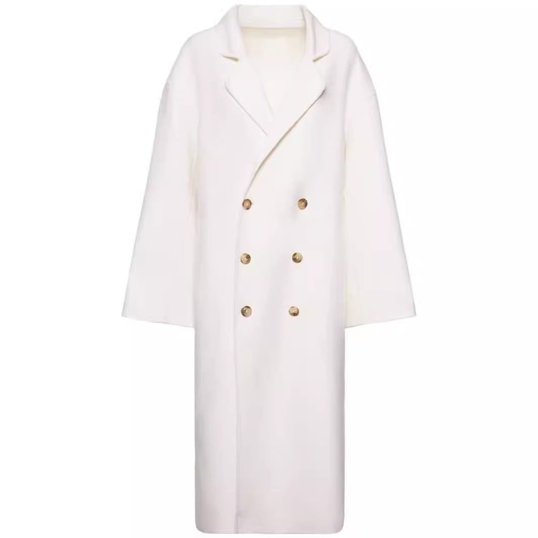 Damen Oversize Zweireihiger Longcoat mit fallender Schultersilhouette und goldenen Zierknöpfen Nord Taschen