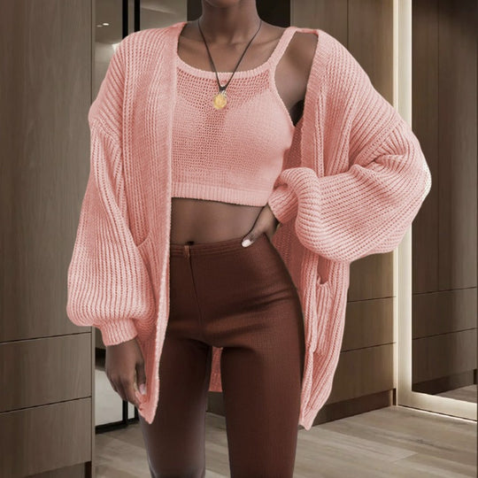 Damen Großer Strickjacke mit voluminösen Ärmeln und praktischen Taschen