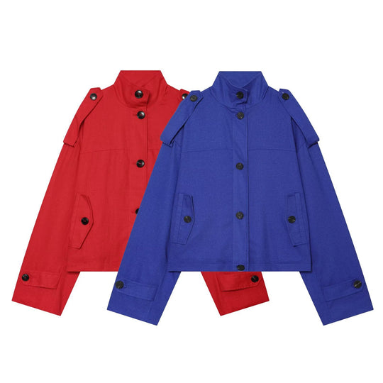 Damen Boxy-Cropped Jacke mit Stehkragen Schulterpatten und Pattentaschen Nord Taschen