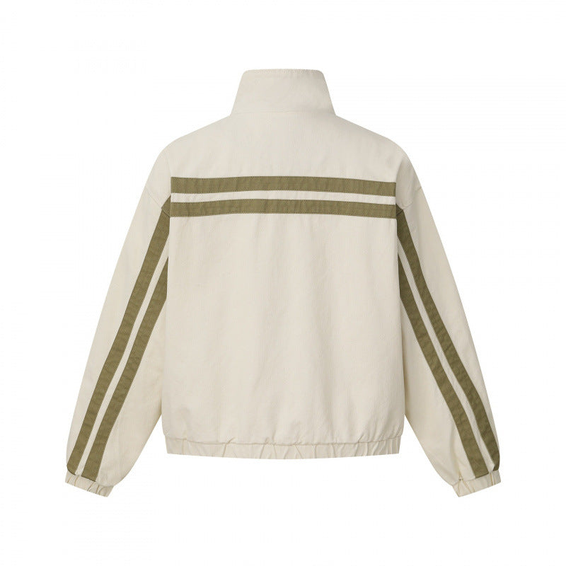 Unisex Kurz geschnittene kastige Blousonjacke mit Stehkragen, doppeltem Streifendetail und kariertem Innenfutter Nord Taschen