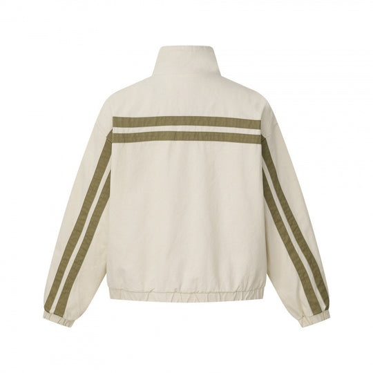 Unisex Kurz geschnittene kastige Blousonjacke mit Stehkragen, doppeltem Streifendetail und kariertem Innenfutter Nord Taschen