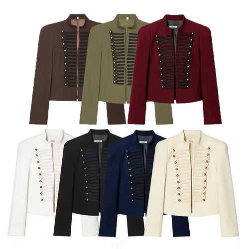 Damen Cropped Military-Blazer mit ornamentaler Kordelverzierung und Stehkragen Nord Taschen