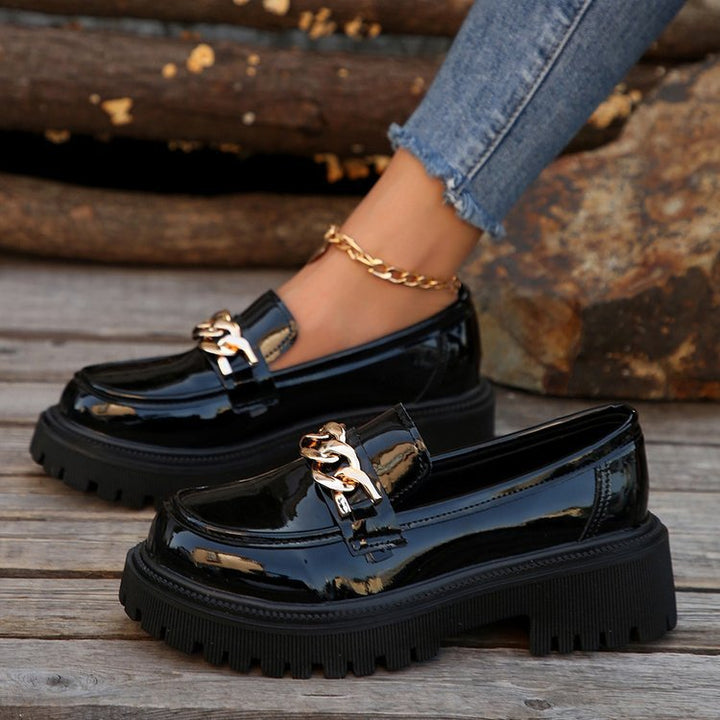 Damen Chunky Loafers mit goldener Kettenverzierung und rutschfester Sohle