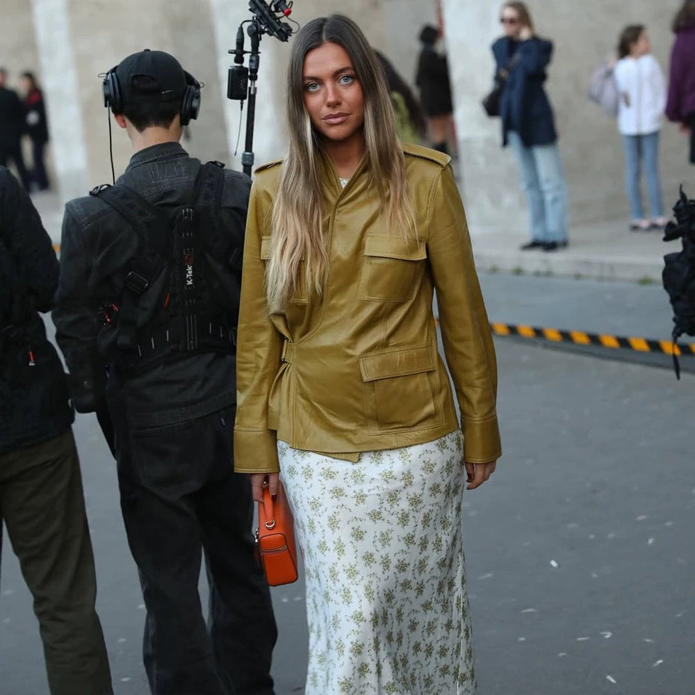Damen Lederimitat-Utility-Jacke mit Stehkragen, Brustklappen & verdecktem Reißverschluss Nord Taschen