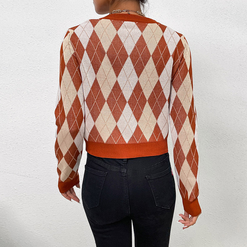 Damen Cropped Strickpullover mit Argyle-Rautenmuster und tailliertem Rippbund Nord Taschen