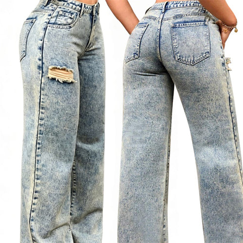 Damen High-Waist Relaxed-Jeans mit Steinwasch-Effekt und seitlichem aufgerissenem Einsatz Nord Taschen