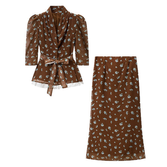 Damen Zweiteiliges Blazer-Top mit Wickelgürtel und Midirock im Vintage-Blumenprint Nord Taschen