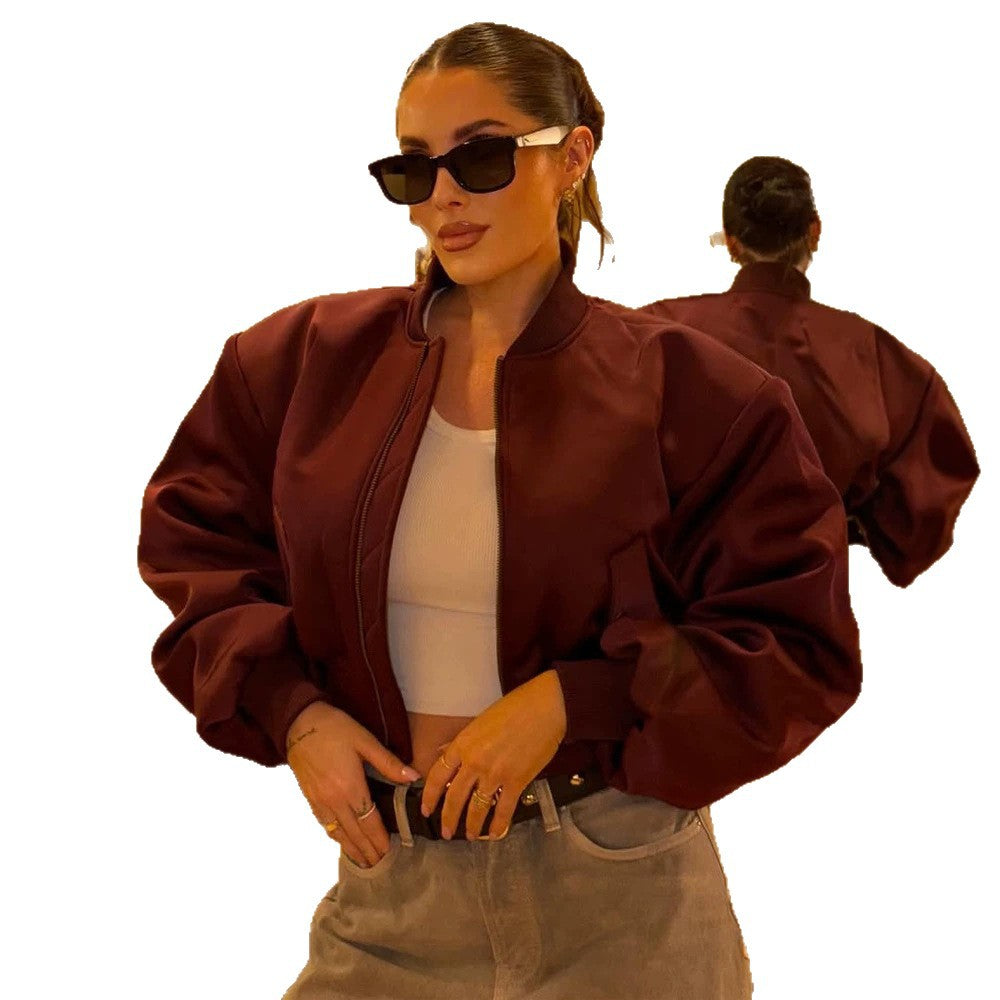 Damen Kurzer Satin‑Bomber mit kastiger Silhouette, Pattentaschen und elastischem Bündchen Nord Taschen