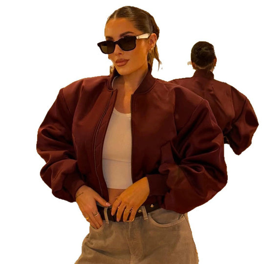 Damen Kurzer Satin‑Bomber mit kastiger Silhouette, Pattentaschen und elastischem Bündchen Nord Taschen