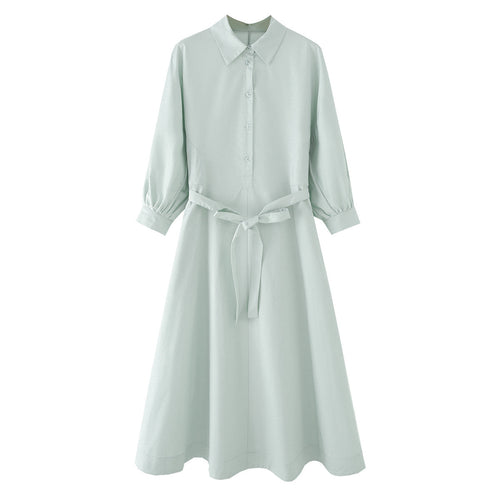 Damen Hemdblusenkleid mit ausgestellt-gebogtem Rock, 3/4-Ärmeln und Taillengürtel Nord Taschen