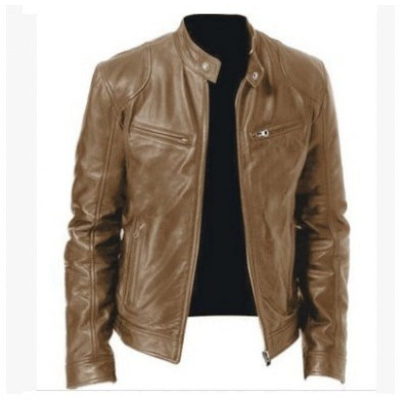 Herren schlanke Echtleder-Bikerjacke mit Stehkragen, zwei Brust-Reißverschlusstaschen und geradliniger Silhouette Nord Taschen