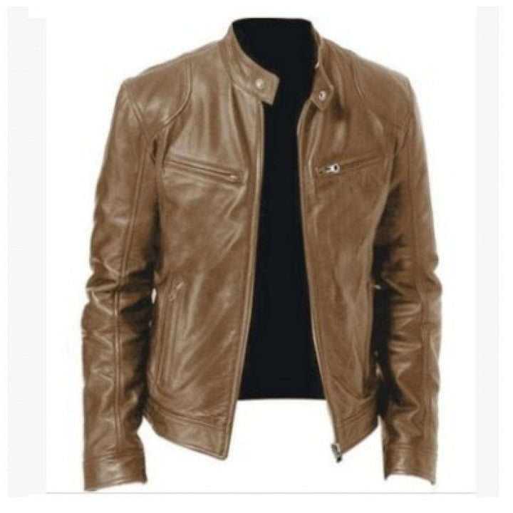 Herren schlanke Echtleder-Bikerjacke mit Stehkragen, zwei Brust-Reißverschlusstaschen und geradliniger Silhouette Nord Taschen