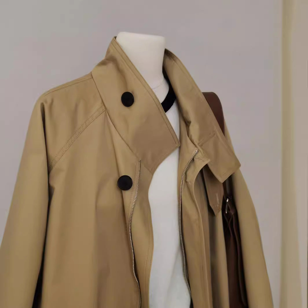 Damen Trench-inspirierte Kurzjacke mit Oversize-Silhouette, Stehkragen und verdecktem Reißverschluss Nord Taschen