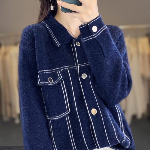 Damen Oversize-Strickjacke im Jeansjacken‑Look mit kontrastierenden Nahtdetails und Brusttasche Nord Taschen
